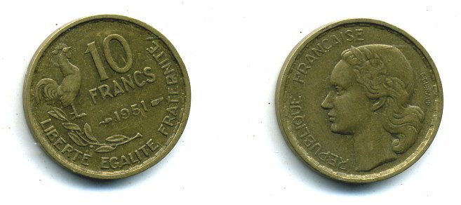 Франция 10 франков 1951 петух KM 915.1, Le Franc 363.4 алюминиевая бронза 46-419