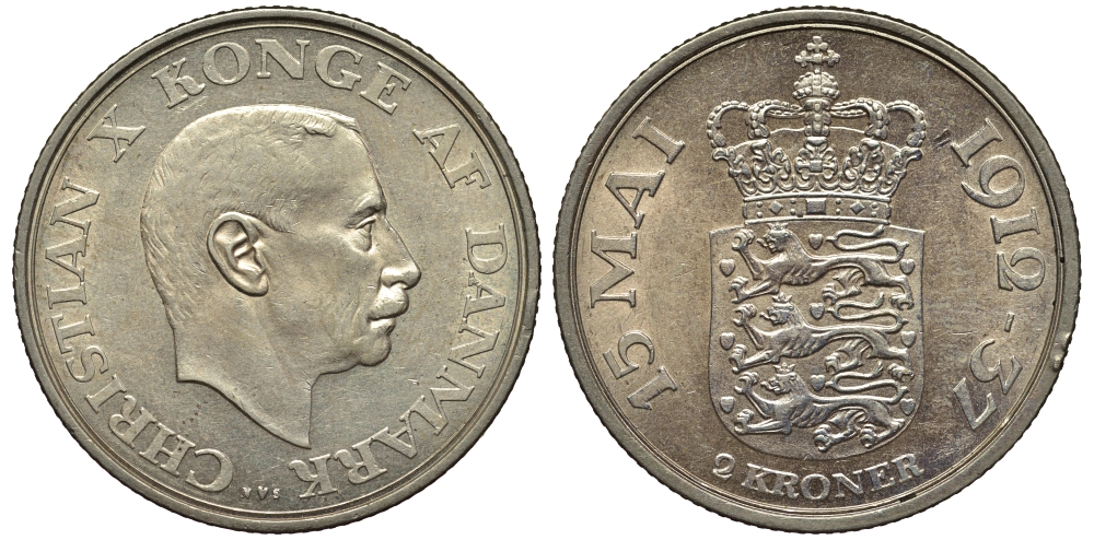 Дания 2 кроны 1937 25 лет правления Кристиана X KM 830 серебро 1531-112