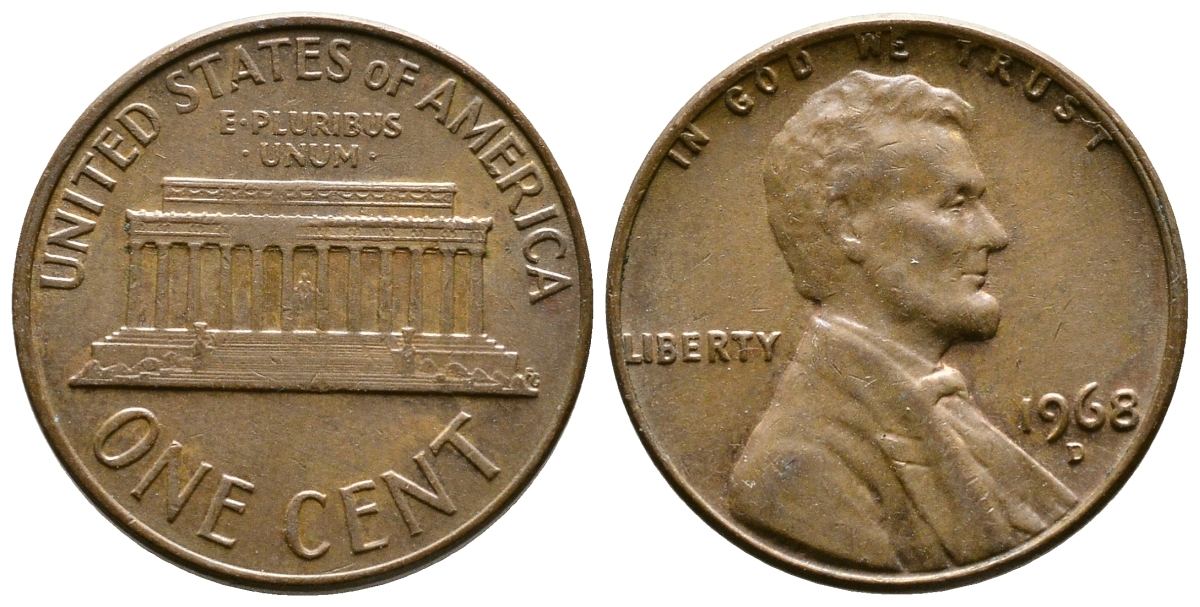 США 1 цент 1968 D, Авраам Линкольн KM 201 медь цинк 3458-136