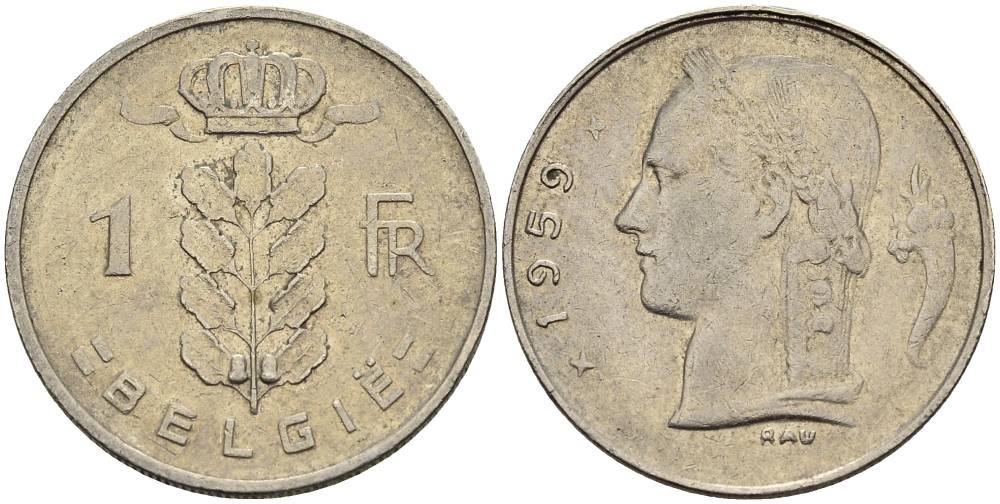 БЕЛЬГИЯ 1 ФРАНК 1959 BELGIE KM 143.1 медно-никель 4546-347