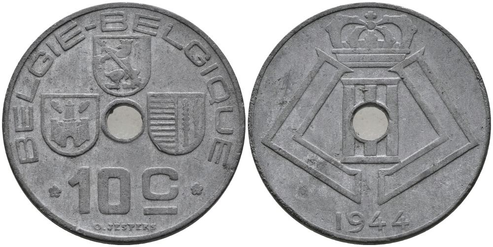 БЕЛЬГИЯ 10 САНТИМОВ 1944 BELGIE-BELGIQUE, ГЕРМАНСКАЯ ОККУПАЦИЯ, ВТОРАЯ МИРОВАЯ ВОЙНА KM 126 цинк 3334-255