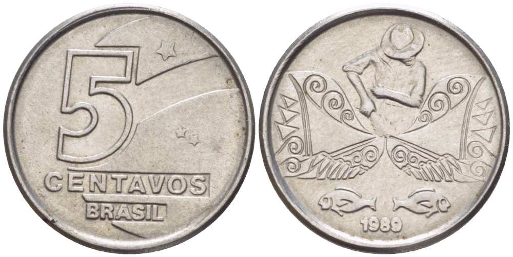 БРАЗИЛИЯ 5 СЕНТАВО 1989 РЕФОРМА 1989-1990 KM 612 нержавеющая сталь 105-327