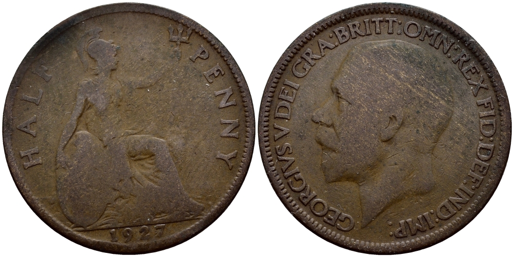 Великобритания 1/2 пенни 1927 Георг V (1910-1936), большая голова KM 824, Spink 4057 бронза 51-1616