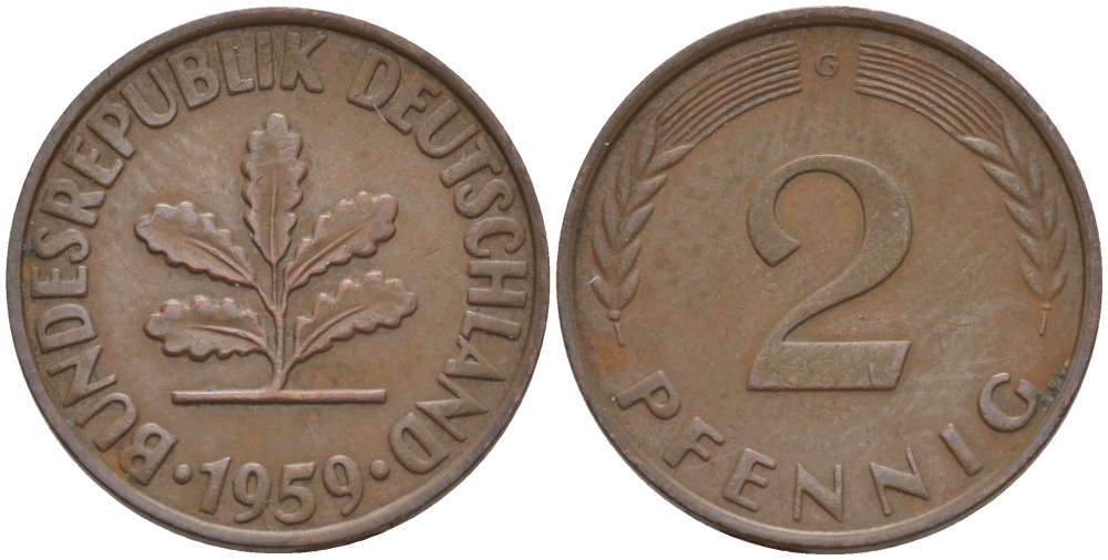 ФРГ 2 ПФЕННИГА 1959 G KM 106, J. 381 бронза 4547-1133