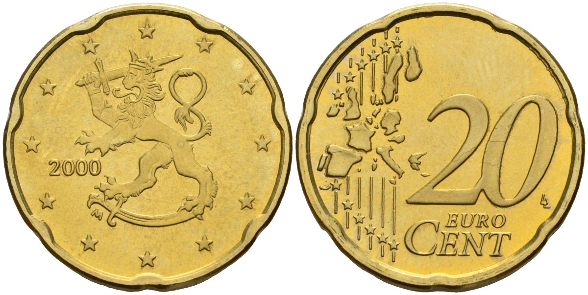 Финляндия 20 евроцентов 2000 из ролла KM 102 нордик UNC M57-07