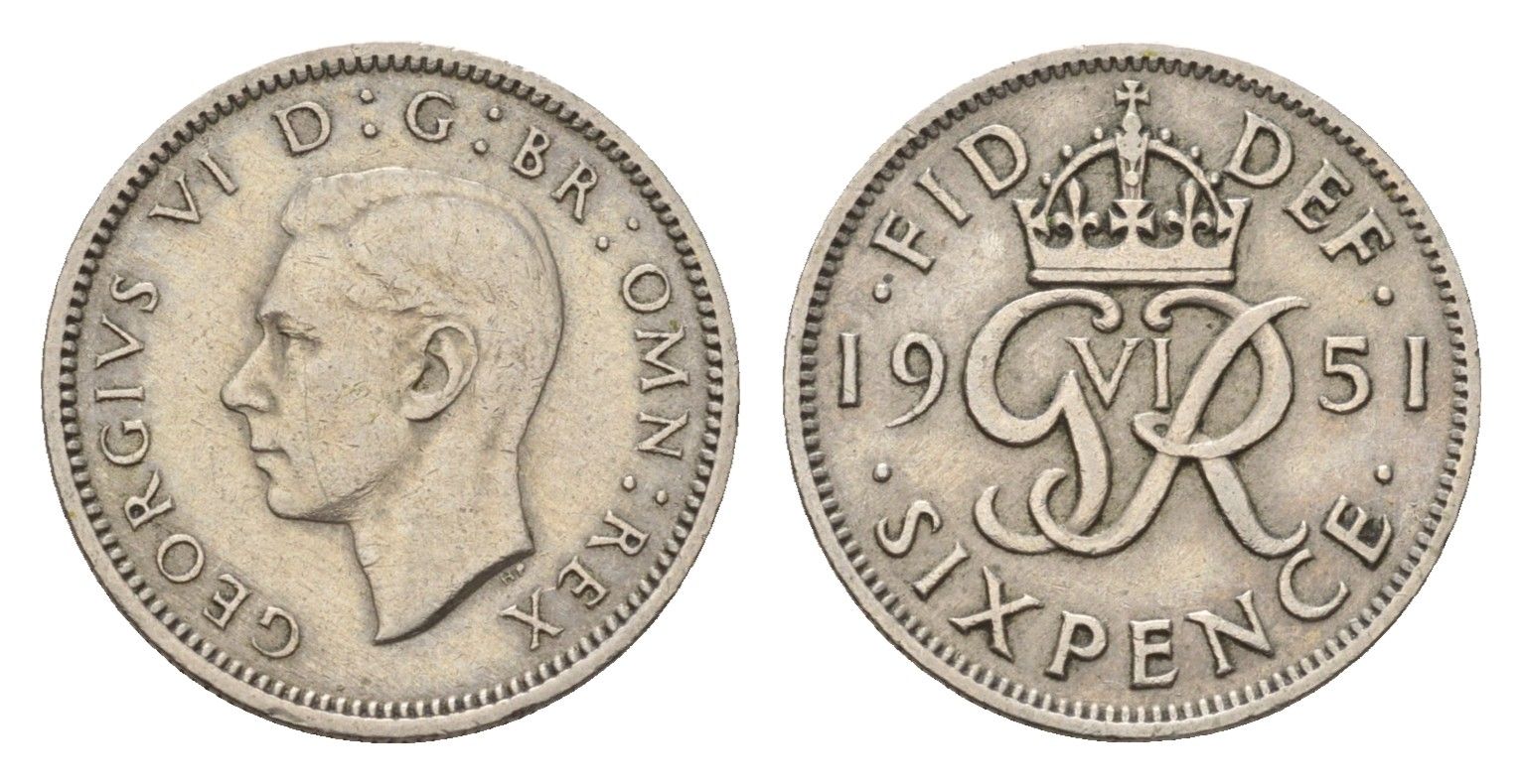 Великобритания 6 пенсов 1951 Георг VI (1936-1952) KM 875, Spink 4110 медно-никель 99-1056