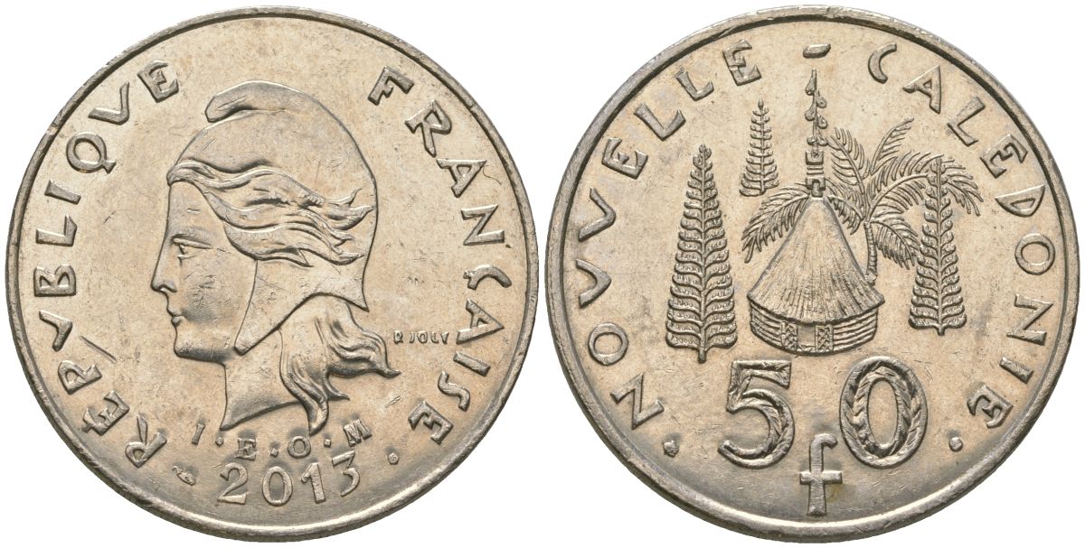 Французская Новая Каледония 50 франков 2013 хижина среди сосен и пальм, (IEOM) KM 13a, Schoen 15a, Lec 128i медно-никель 115-1246
