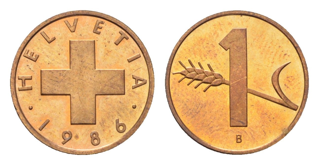 Швейцария 1 раппен 1986 B KM 46 бронза UNC 4708-311