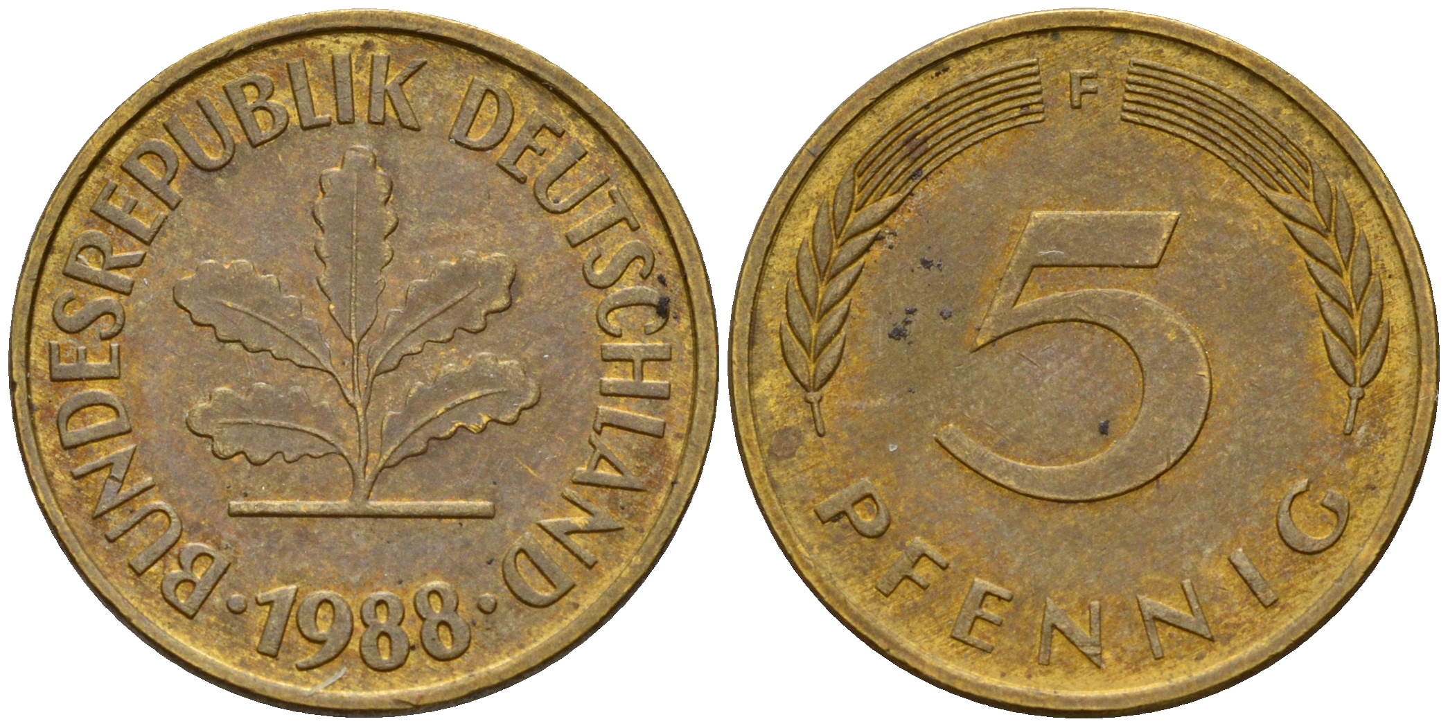 ФРГ 5 пфеннигов 1988 F J.382, KM 107 сталь плакированная латунью    4598-1056