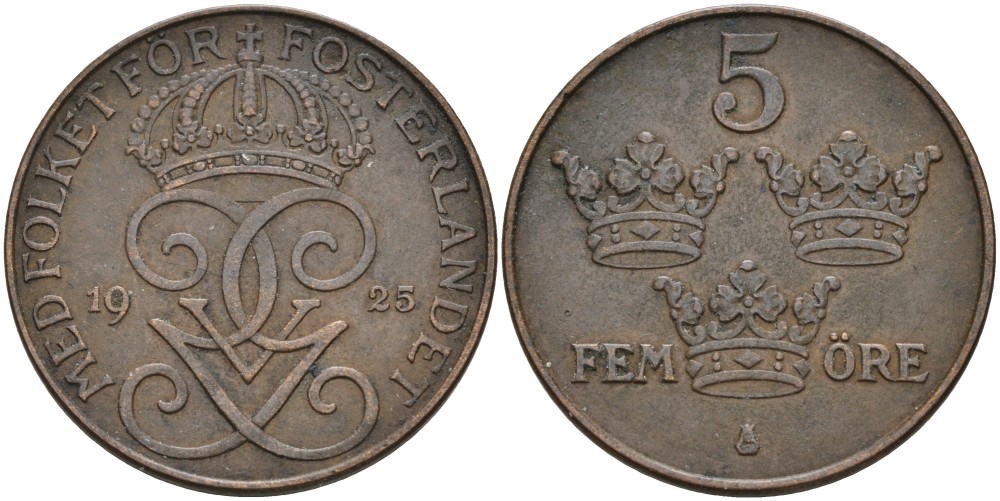 Швеция 5 эре 1925 Густав V (1907-1950) KM 779.2 бронза 4557-613