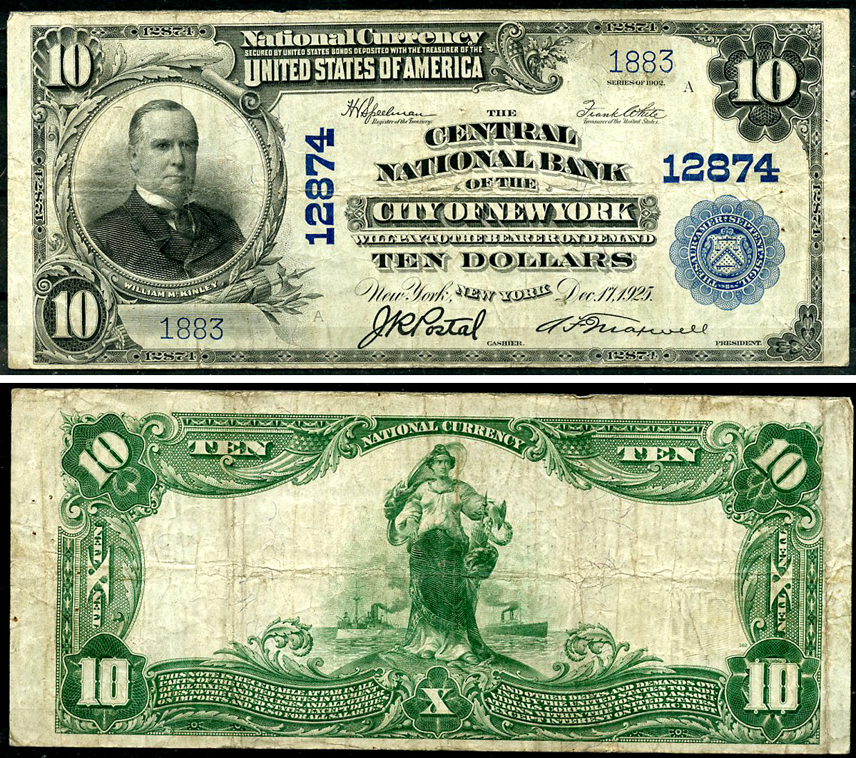 США 10 долларов 1902 National Bank Note, Центральный Национальный банк Нью-Йорка Fr 635  бумага   10-3-11