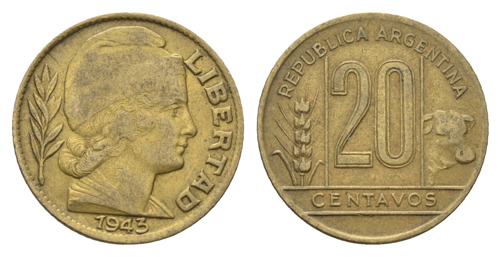 Аргентина 20 сентаво 1943 KM 42 алюминиевая бронза 4664-615