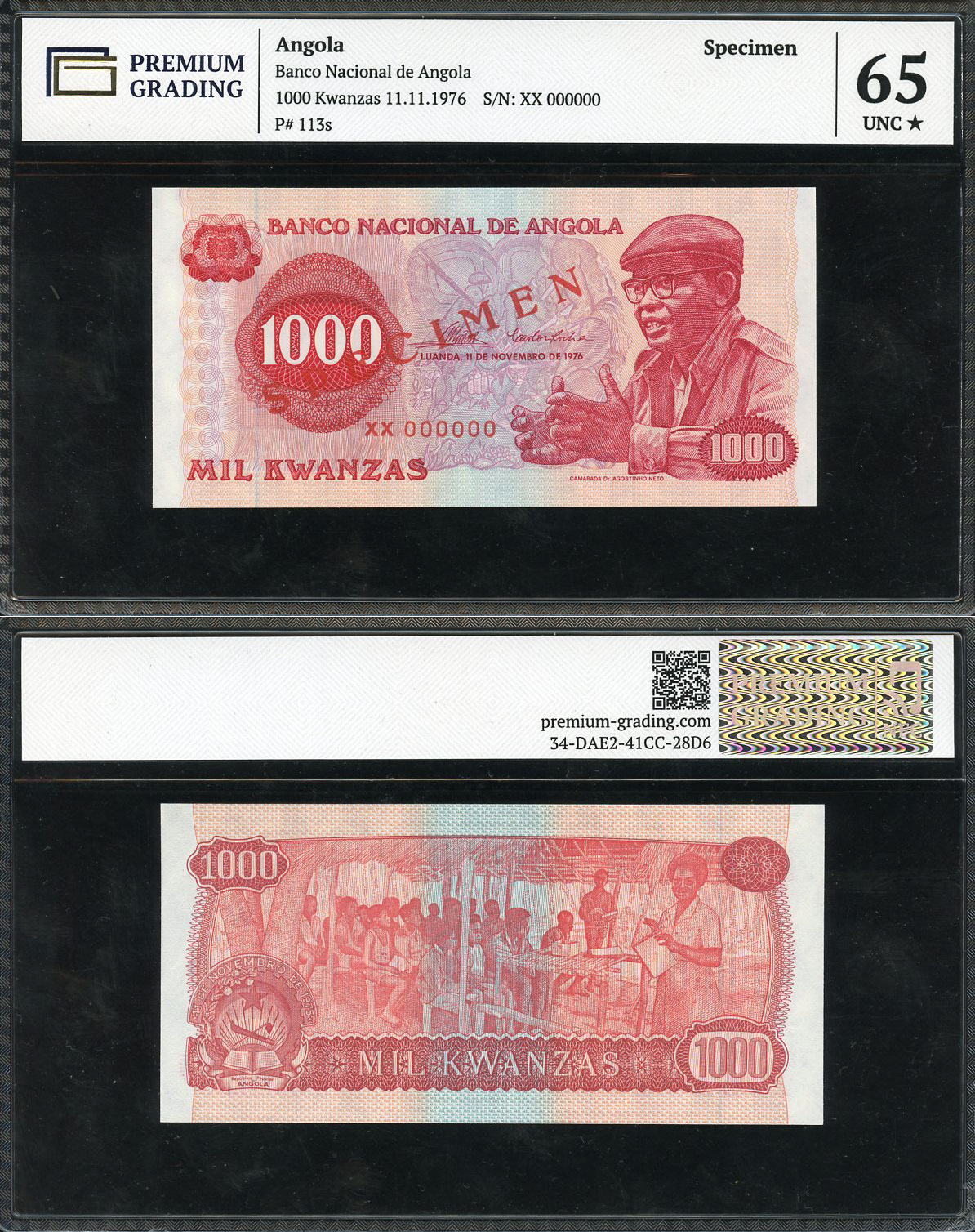 Ангола 1000 кванза 1976 Антонио Агостиньо Нето, школа, specimen, в слабе Premium Grading, 65 UNC Pick 113 s  бумага  UNC (пресс) 452-3-25