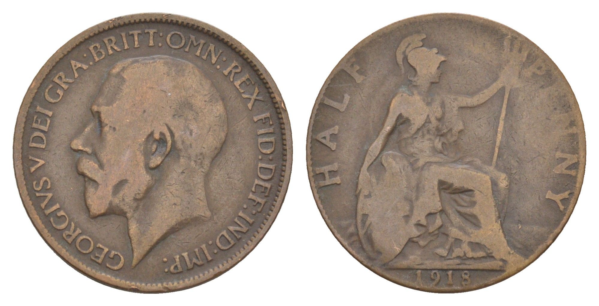 Великобритания 1/2 пенни 1918 Георг V (1910-1936) KM 809, Spink 4056 бронза 4642-426