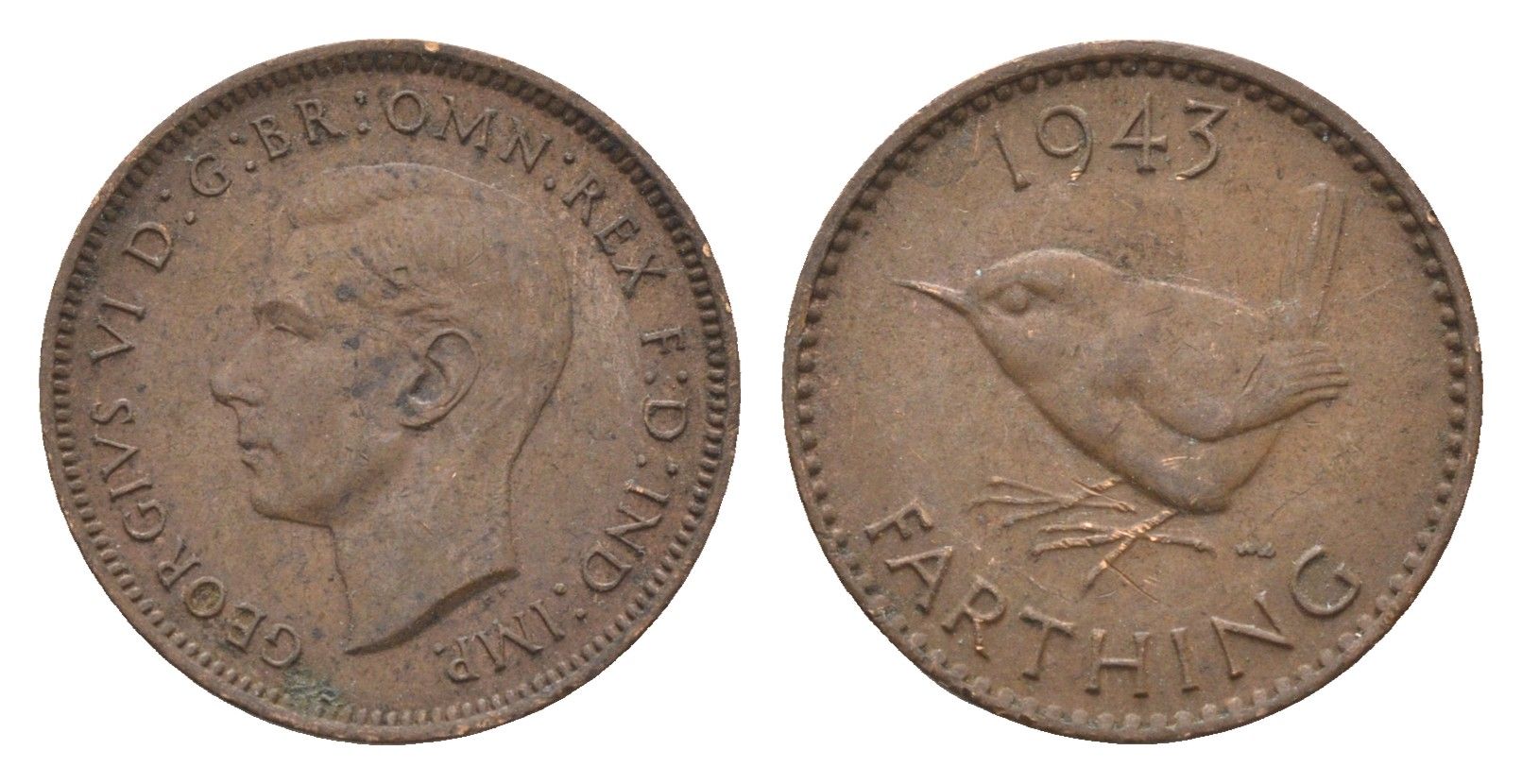 Великобритания 1 фартинг 1943 Георг VI (1936-1952) KM 843, Spink 4116 бронза 4664-344