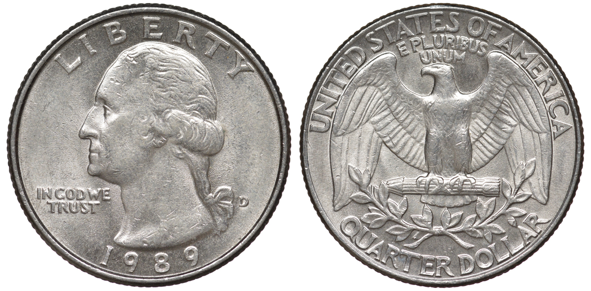 США 25 центов = квотер 1989 D, Вашингтон KM A164a медь плакированная медно-никелем 4543-321