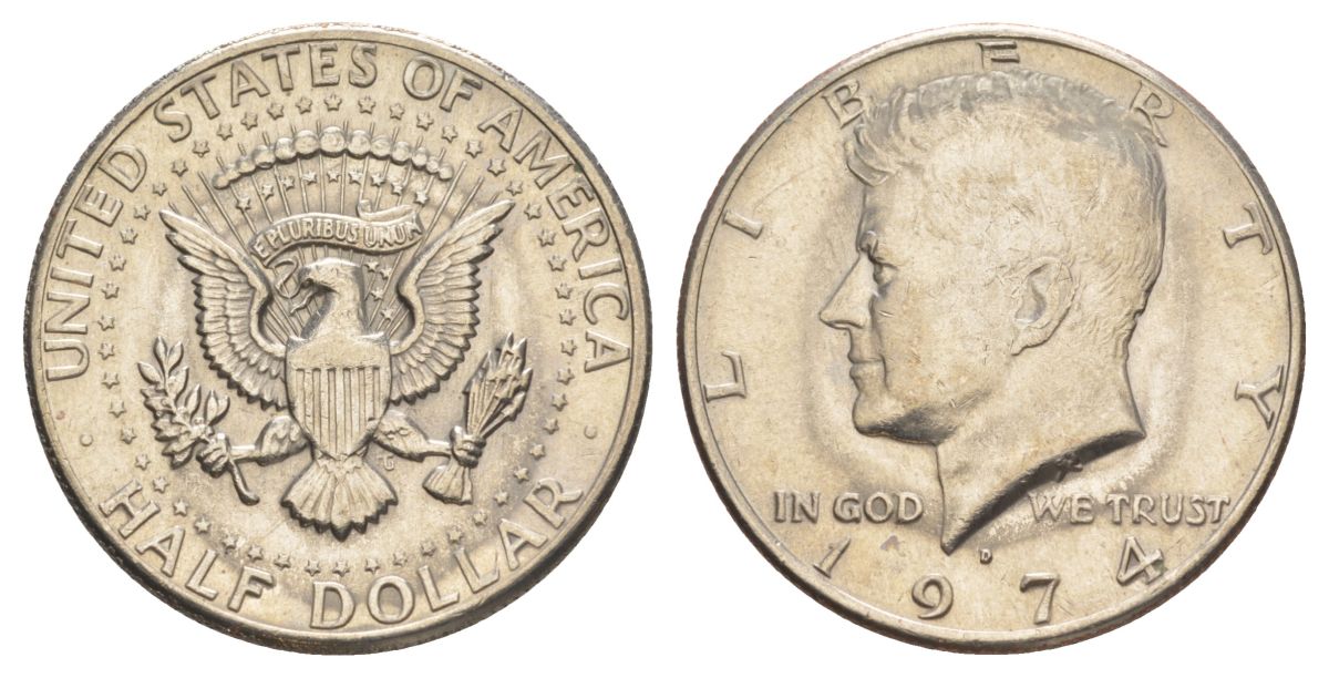 США 1/2 доллара (50 центов) 1974 D, Джон Кеннеди KM 202b медь плакированная медно-никелем aUNC 4123-211