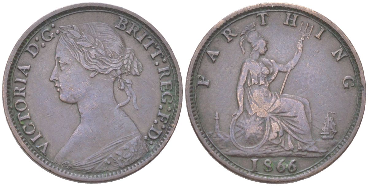 Великобритания 1 фартинг 1866 Виктория (1837-1901) KM 747.2, Spink 3958 бронза 4613-423