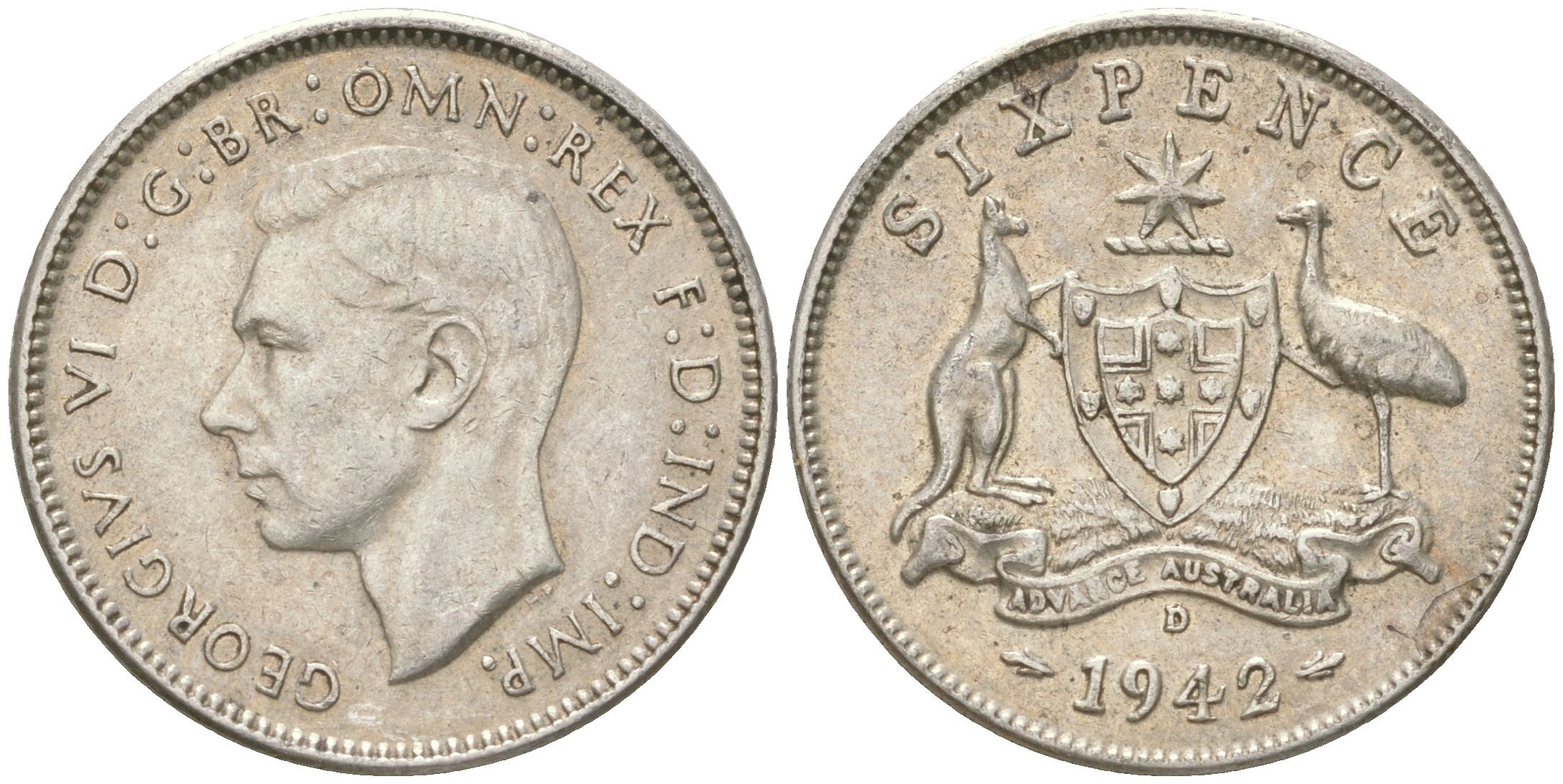 Австралия 6 пенсов 1942 D, Георг V (1936-1952) KM 38 серебро 4623-225