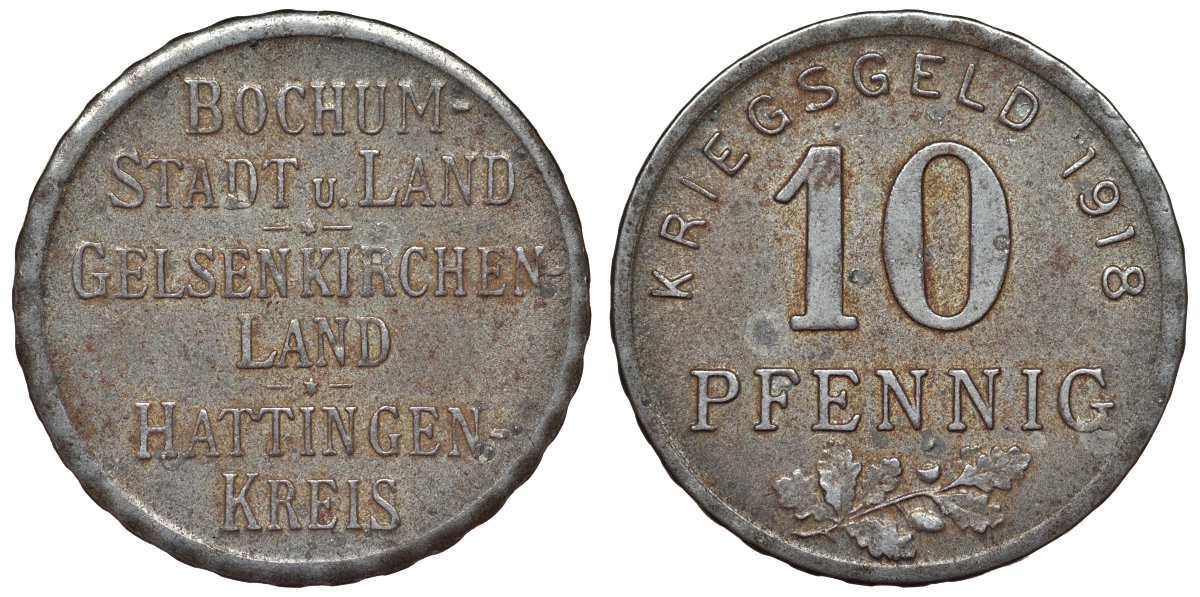 Германия, Бокум, Гельзенкирхен, Хаттинген 10 пфеннигов 1918 Северный Рейн-Вестфалия, нотгельд Funck 49.1a железо 4119-936