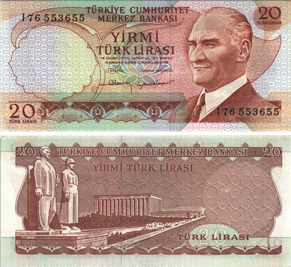 ТУРЦИЯ 20 ЛИР 1974 КОРИЧНЕВАЯ ПОДПИСЬ, ПРЕЗИДЕНТ КЕМАЛЬ АТАТЮРК, МАВЗОЛЕЙ АТАТЮРКА В АНКАРЕ Pick 187b бумага UNC (ПРЕСС) 6289-39-2-1