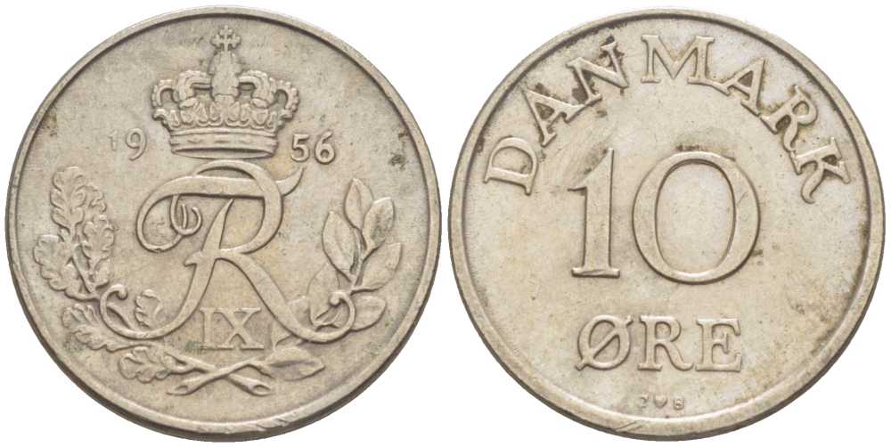 ДАНИЯ 10 ЭРЕ 1956 C; S, ФРЕДЕРИК IX (1947-1972) KM 841.2 медно-никель 4387-732