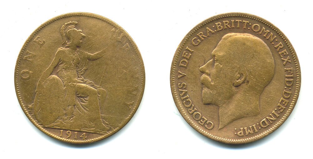 Великобритания 1 пенни 1914 Георг V (1910-1936) KM 810, Spink 4051 бронза 23-1353