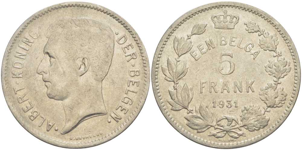 БЕЛЬГИЯ 5 ФРАНКОВ 1931 АЛЬБЕРТ I, DER BELGEN KM 98 никель 3851-341