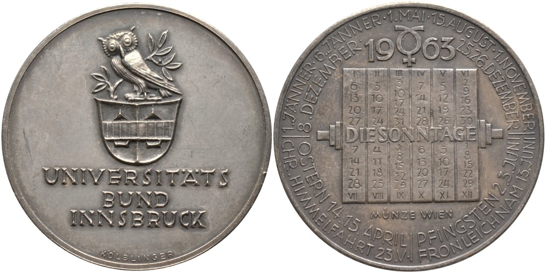 Австрия медаль 1963 серия университет Инсбрука, открытия 1963 года, медальер Kolblinger, диаметр 40 мм., серебрение бронза 4552-232