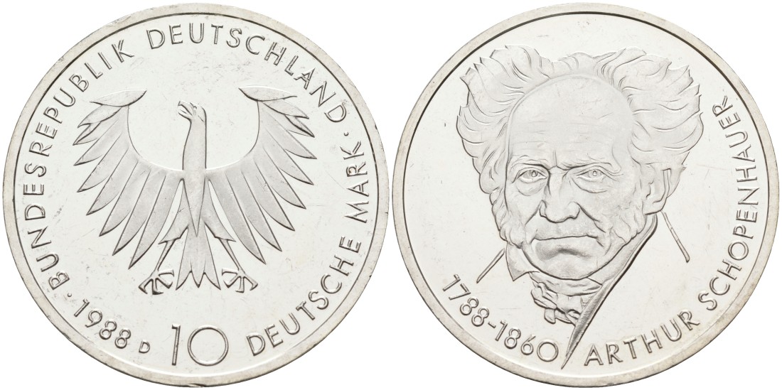 ФРГ 10 марок 1988 D, 200 лет со дня рождения АРТУРА ШОПЕНГАУЭРА KM168 серебро PROOF 4558-312