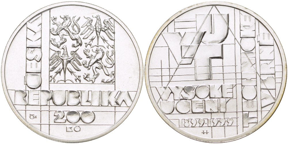 ЧЕХИЯ 200 КРОН 1999 100 ЛЕТ ТЕХНОЛОГИЧЕСКОМУ УНИВЕРСИТЕТУ БРНО, ДИАМЕТР 31 ММ., ВЕС 13 ГР., ПРОБА 900, ТИРАЖ 16579 ЭКЗ. KM 36 серебро UNC 1084-10-22