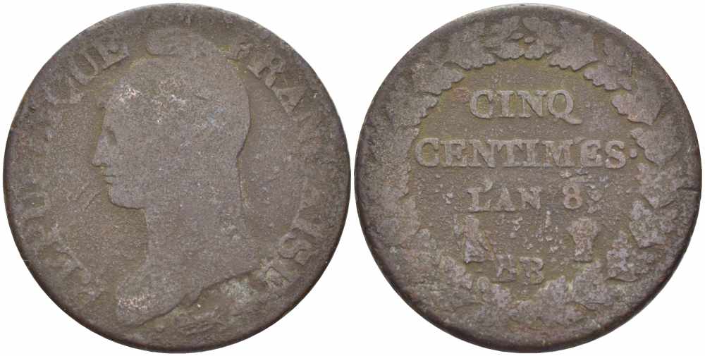 ФРАНЦИЯ 5 САНТИМОВ 1799 ВВ, КОНСУЛАТ (1799-1803) LAN 8, МОНДВОР СТРАСБУРГ KM 640.4, LE FRANC 115.54 бронза 38-913