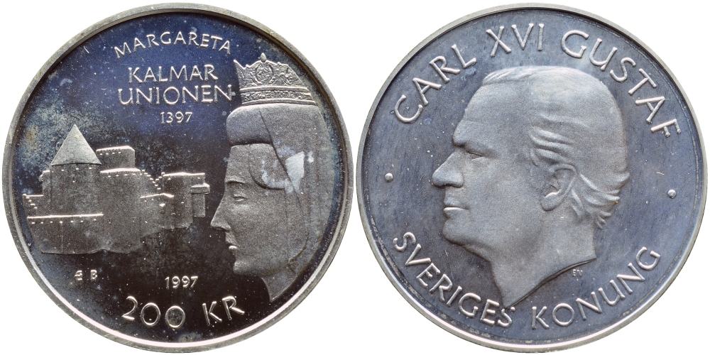 Швеция 200 крон 1997 Карл XVI Густав (1973- ), 600 лет Кальмарской уния, королева Маргарита Датская KM 890 серебро BUNC 1072-5-54