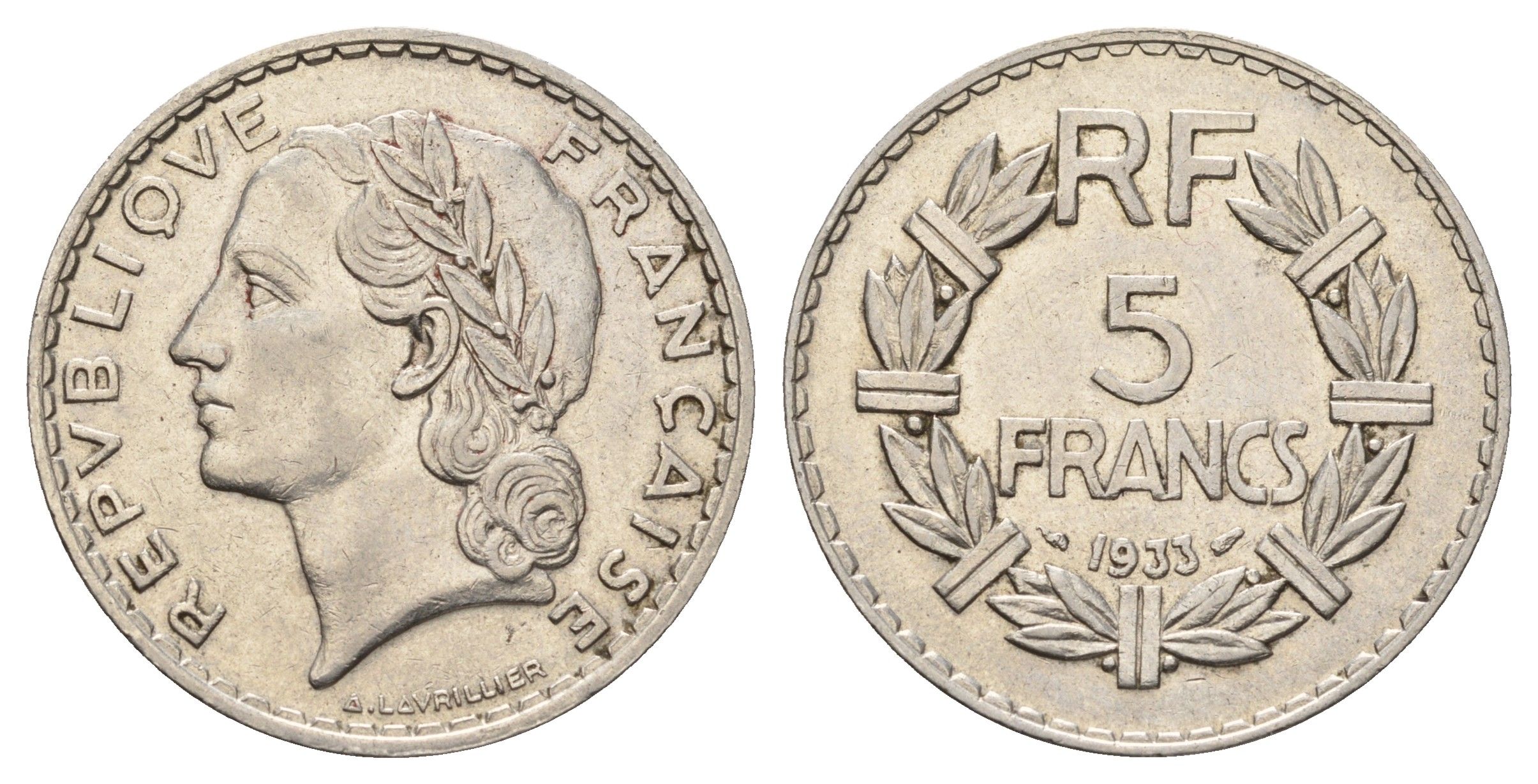 Франция 5 франков 1933 KM 888 никель 4120-925