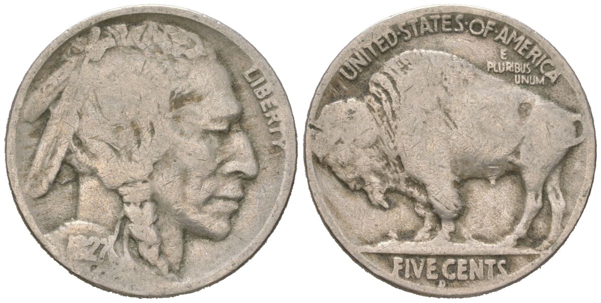 США 5 центов 1927 D, индеец, бизон KM 134 медно-никель 4614-1131