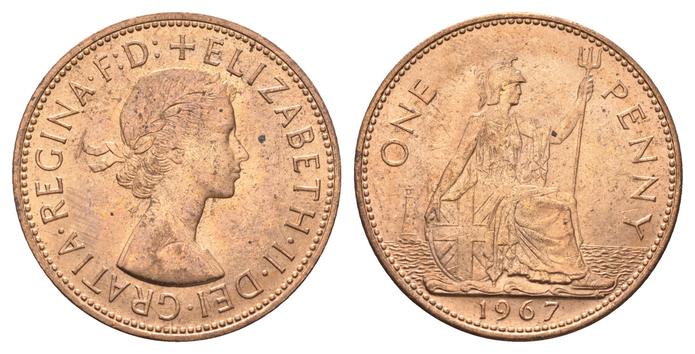 Великобритания 1 пенни 1967 Елизавета II (1952-2022) KM 897, Spink 4157 бронза UNC 4661-1016