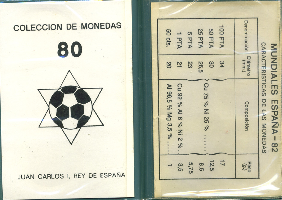 Испания официальный набор из 6 монет (50 сентимов; 1, 5, 25, 50 и 100 песет) 1980 чемпионат мира по футболу в Испании 1982 года KM MS11 (815, 816, 817, 818, 819 и 820)  UNC 3-6-3-7