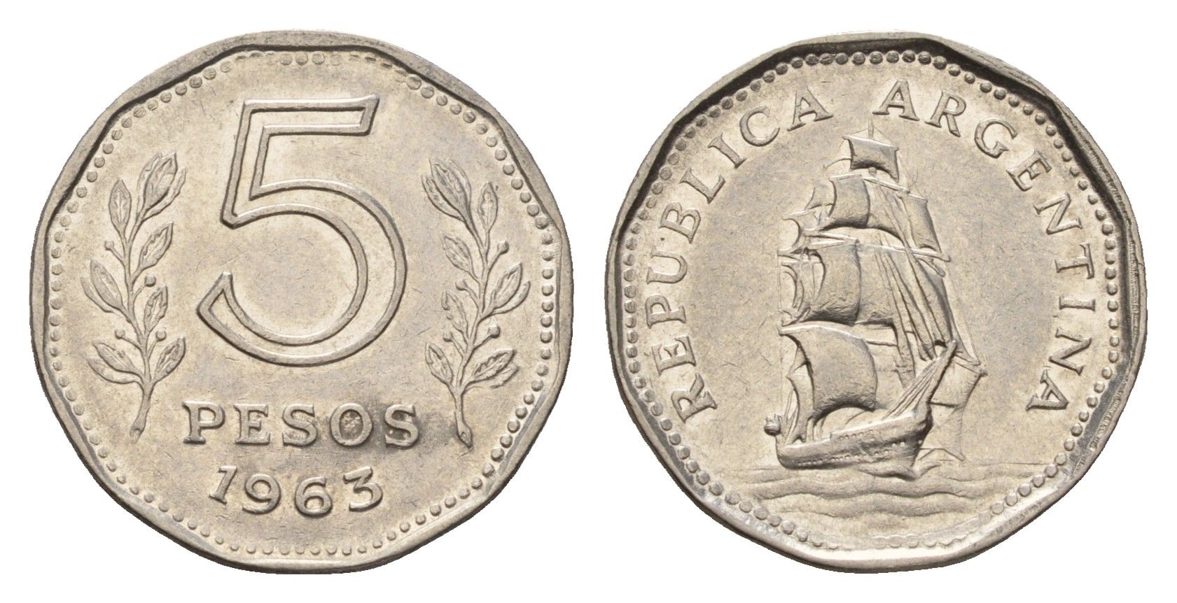 Аргентина 5 песо 1963 KM 59 сталь плакированная никелем 4116-421