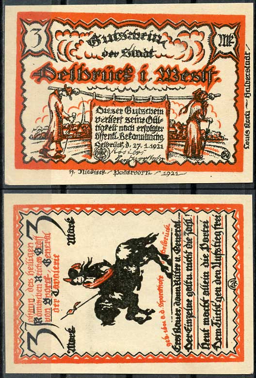 Германия, Дельбрюк 3 марки 1921 нотгельд, 27.1.1921 Grabowski 261.1 бумага UNC (пресс) 444-67-3-2