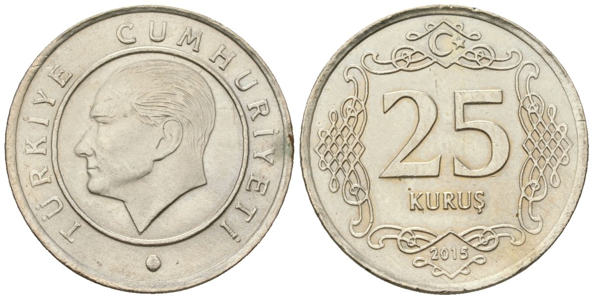 Турция 25 курушей 2015 KM 1242 медно-никель 4610-1115