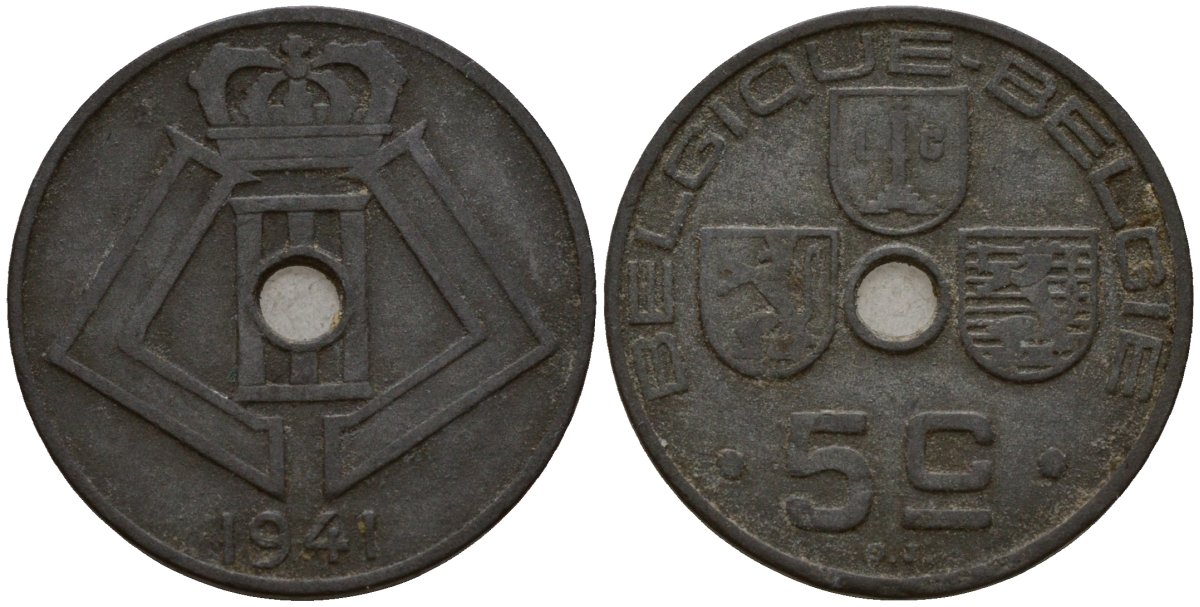 Бельгия 5 сантимов 1941 Belgique - Belgie, Леопольд III (1934-1947), германская оккупация, Вторая мировая война KM 123 цинк 4160-1117