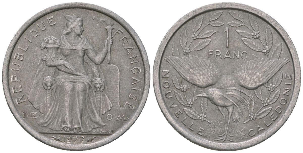 Французская Новая Каледония 1 франк 1977 птица кагу, (IEOM) KM 10, Schoen 10, Lec 40 алюминий    51-1014