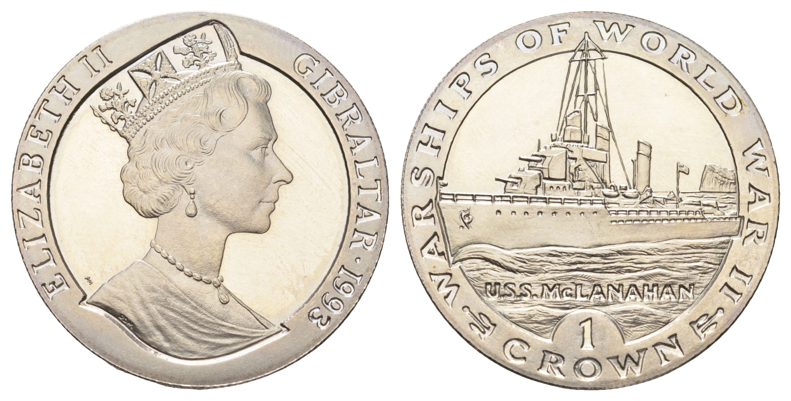 Гибралтар 1 крона 1993 Боевые корабли Второй мировой войны - U.S.S. McLanahan KM 114 медно-никель BU 1078-2-13
