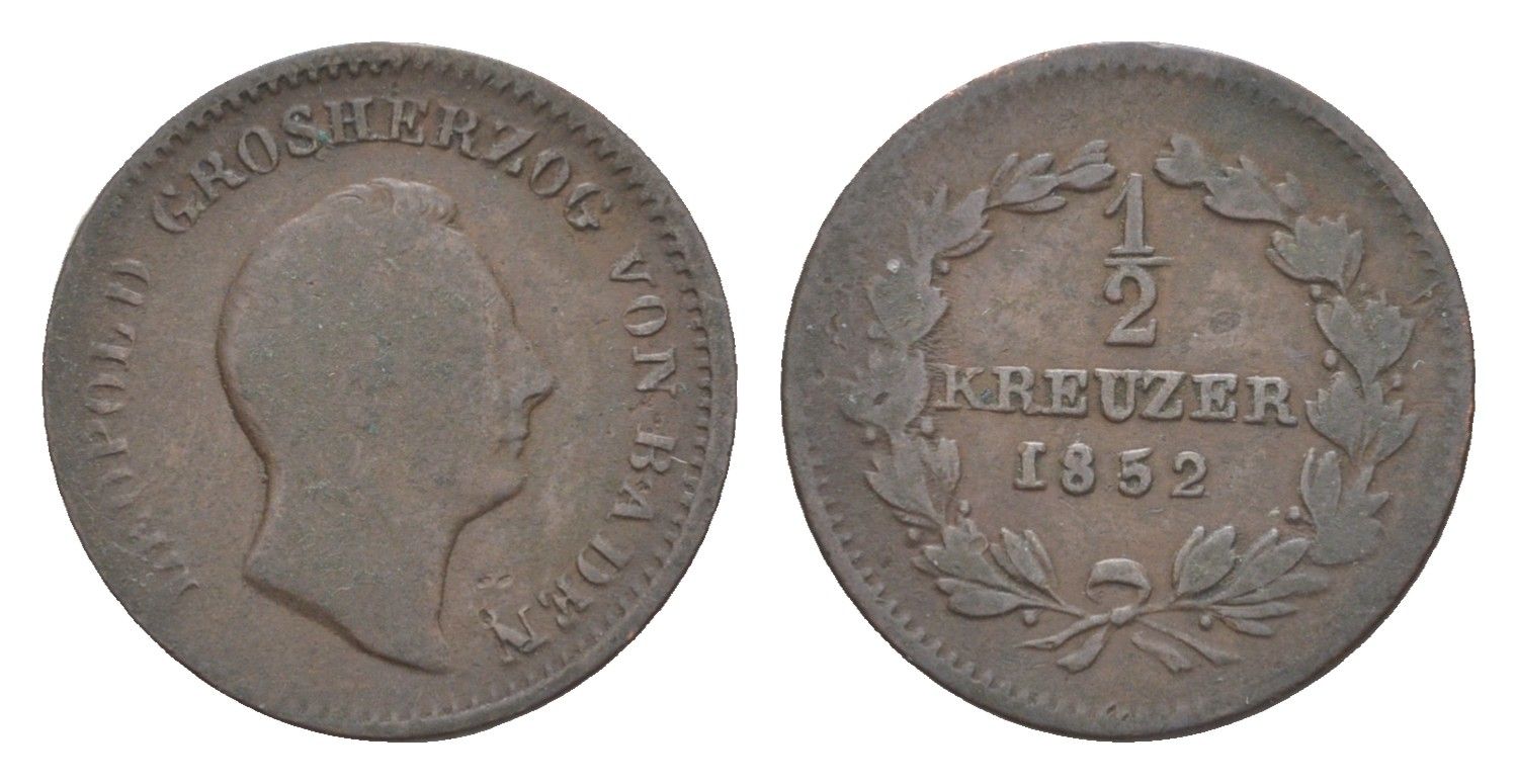 Баден 1/2 крейцера 1852 Леопольд (1830-1852) KM 213 медь 4639-418