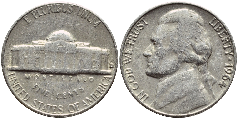 США 5 центов 1964 D, Джефферсон KM А192 медно-никель 4397-125