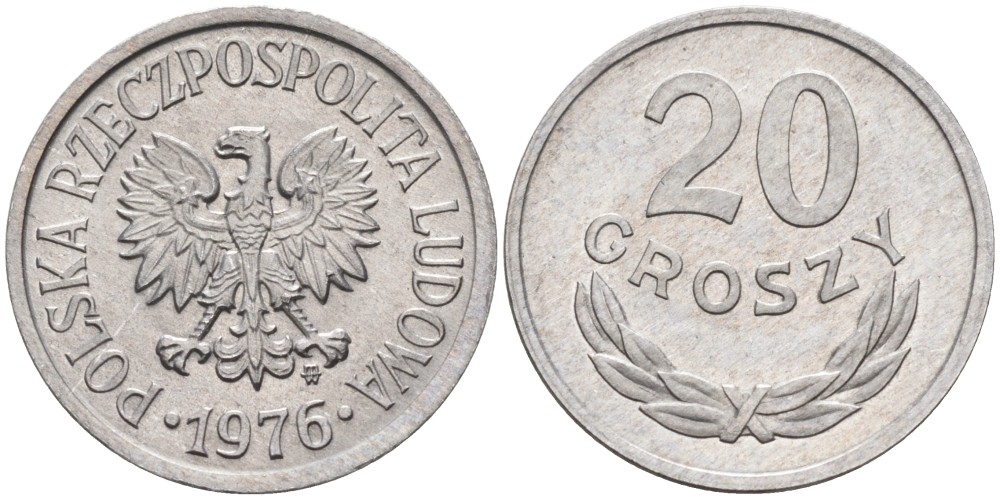 ПОЛЬША 20 ГРОШЕЙ 1976 MW KM А47 алюминий 192-421