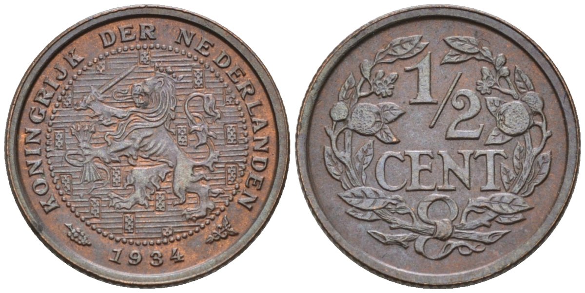 Нидерланды 1/2 цента 1934 Вильгельмина (1890-1948) KM 138 бронза 4576-419