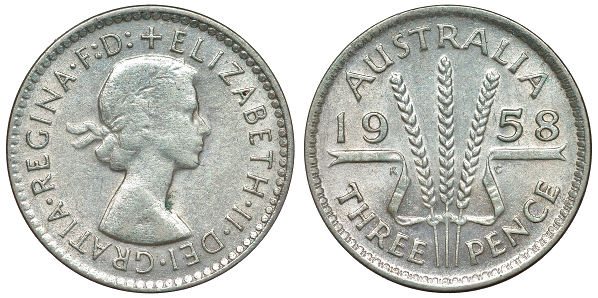 Австралия 3 пенса 1958 m, Елизавета II (1952-2022) KM 57 серебро 71-553