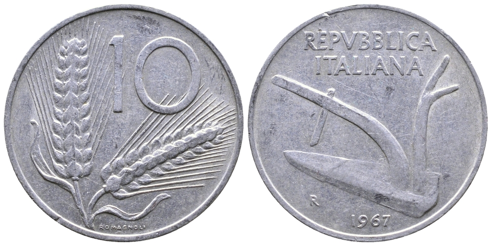 ИТАЛИЯ 10 ЛИР 1967 R. ПЛУГ KM 93 алюминий 51-2932