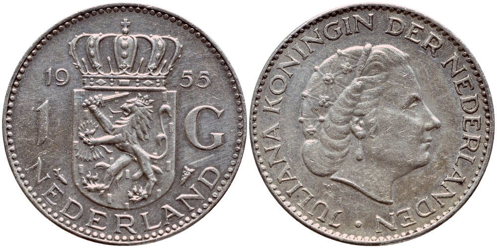 Нидерланды 1 гульден 1955 Юлиана (1948-1980) KM 184 серебро 1522-133